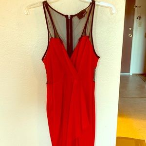 Greylin Red Satin Dress with Mesh Cutouts